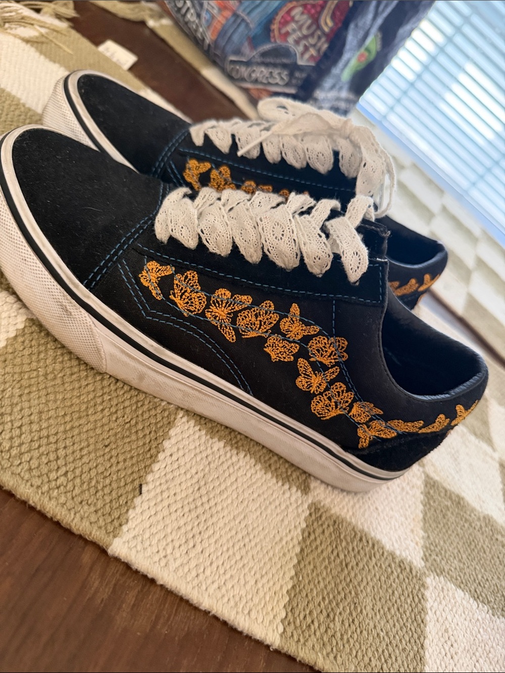 Vans Black Low-Top Sneakers with Gold Floral Embroidery